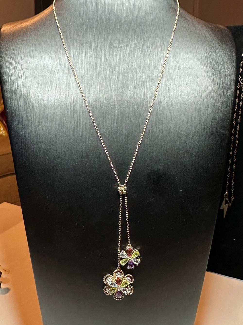 Ross-Simons Silver Floral Lariat Necklace with Green and Purple Gems